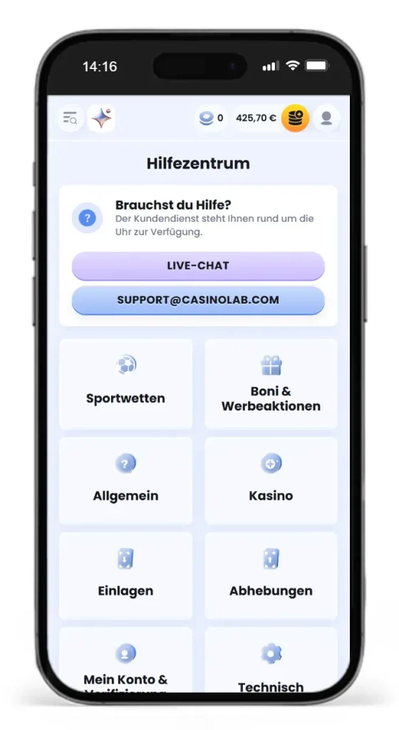 Hilfezentrum von CasinoLab mit FAQ und Kontaktdaten des Kundendienstes