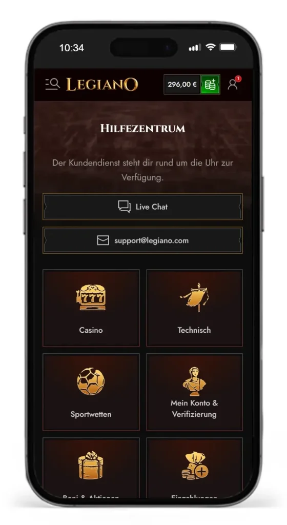 Hilfezentrum mit FAQ-Bereich von Legiano