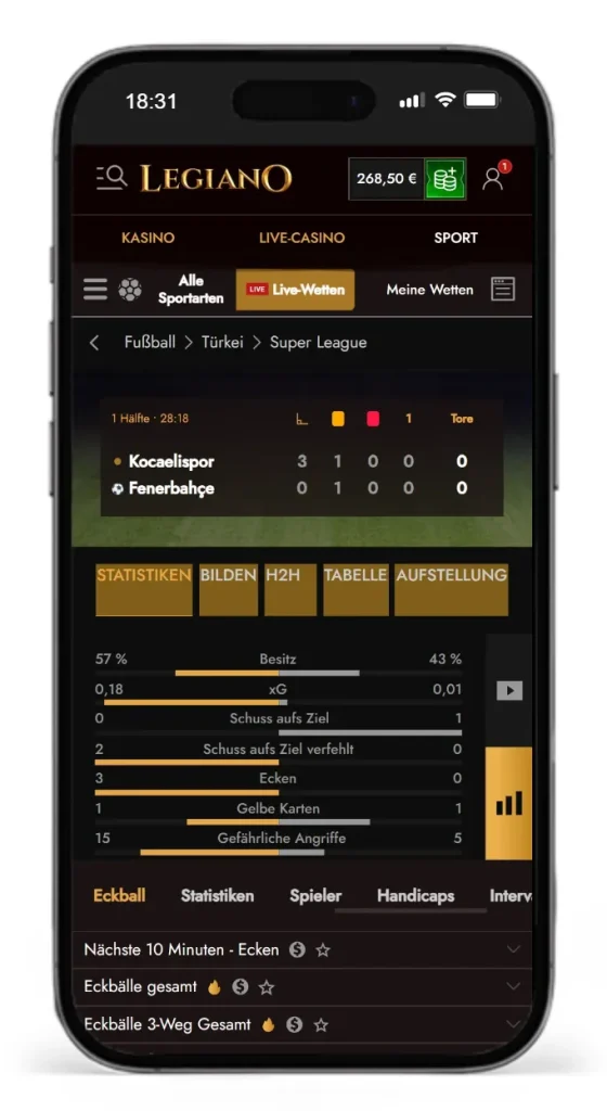 Livewetten mit Statistiken von Legiano