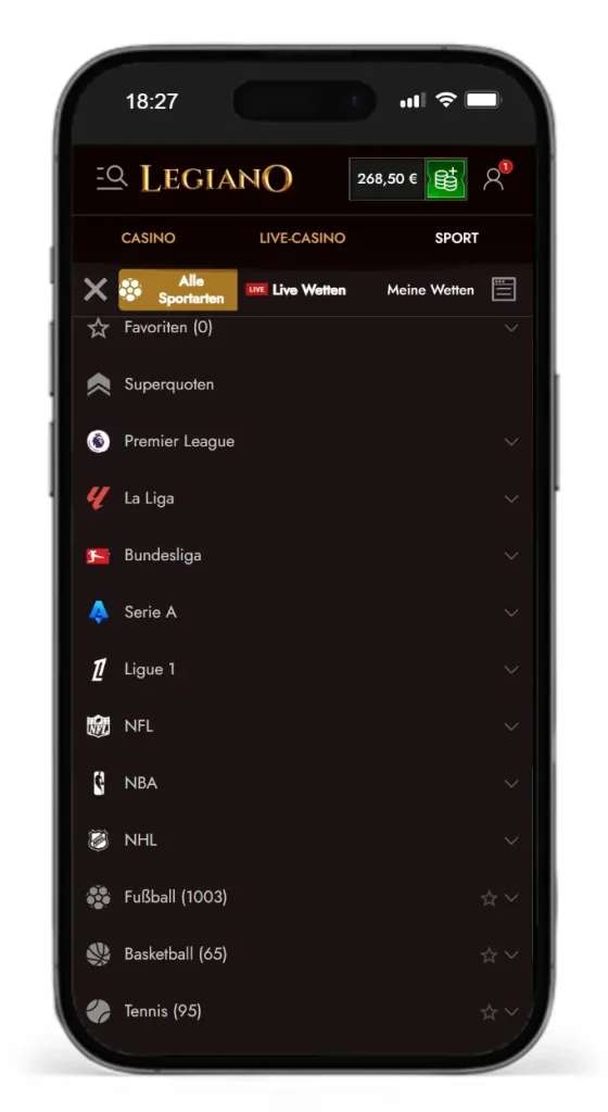 Auszug aus den verfuegbaren Sportarten und Ligen fuer Sportwetten bei Legiano