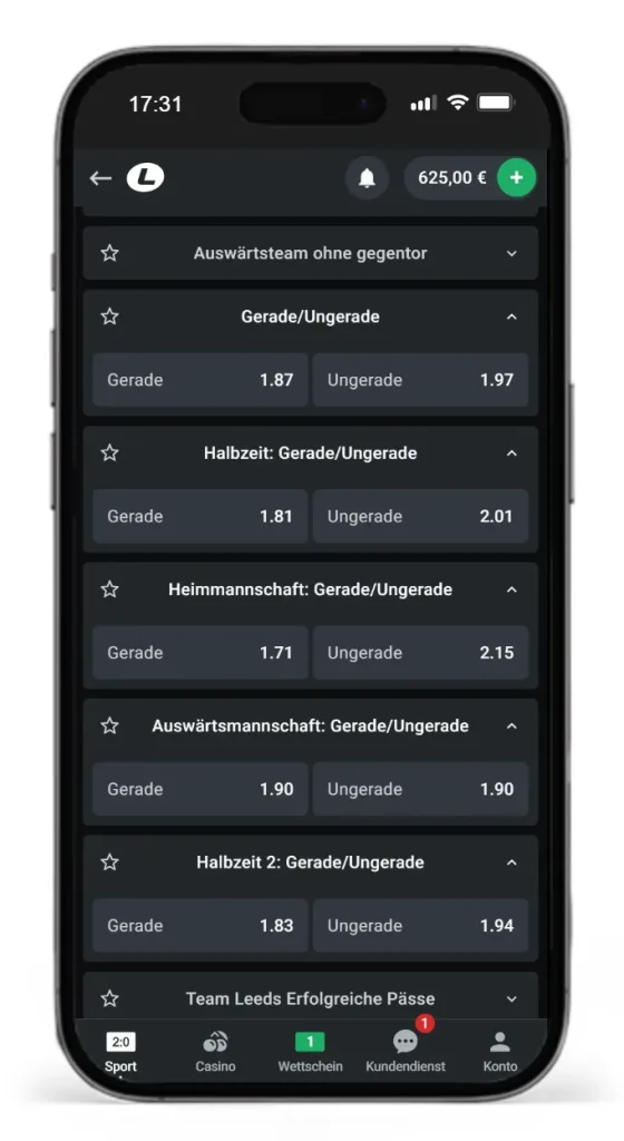 Auswahl an Gerade Ungerade Wetten auf das Premier League Spiel zwischen Leeds und Manchester bei Leonbet