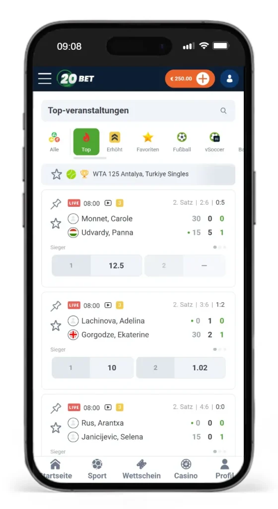 Auszug aus dem Live Wetten Angebot von 20Bet