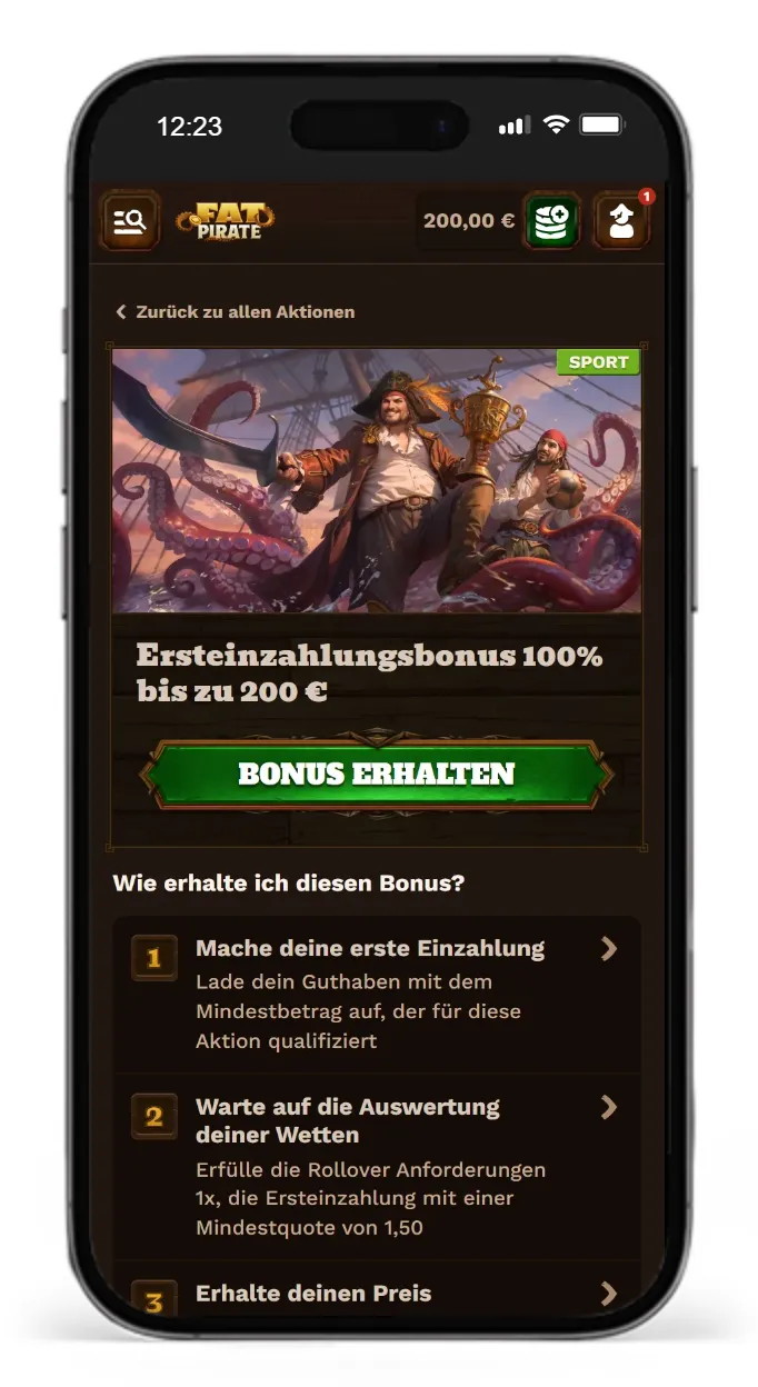 Sport Willkommensbonus vom paysafecard Wettanbieter Fatpirate