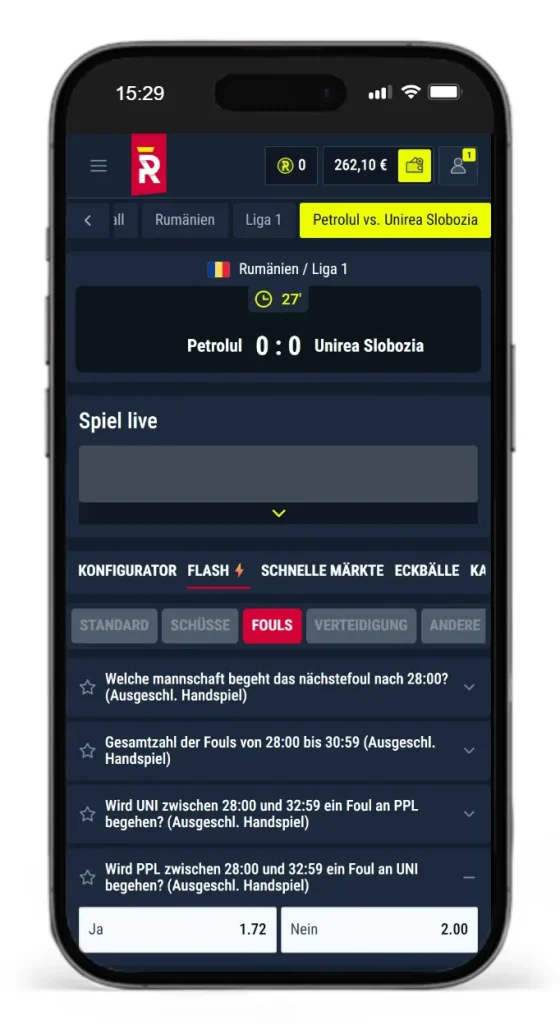 Auszug aus den Wettarten fuer Livewetten bei Rabona