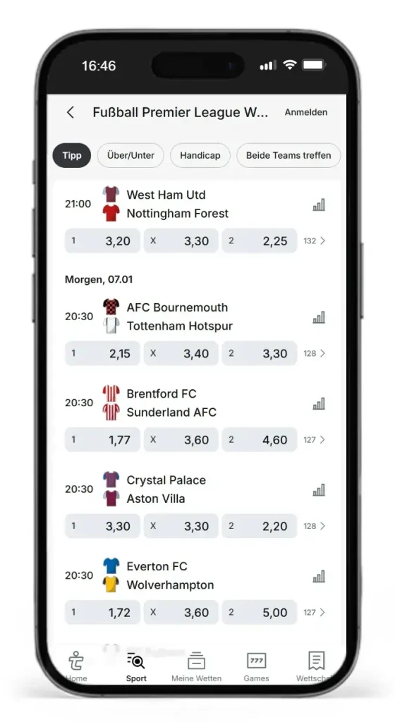 Wettquoten auf Spiele der Premier League von Tipico