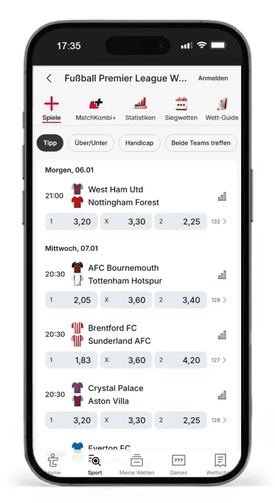 Wettquoten von Tipico auf Fussballspiele der Premier League