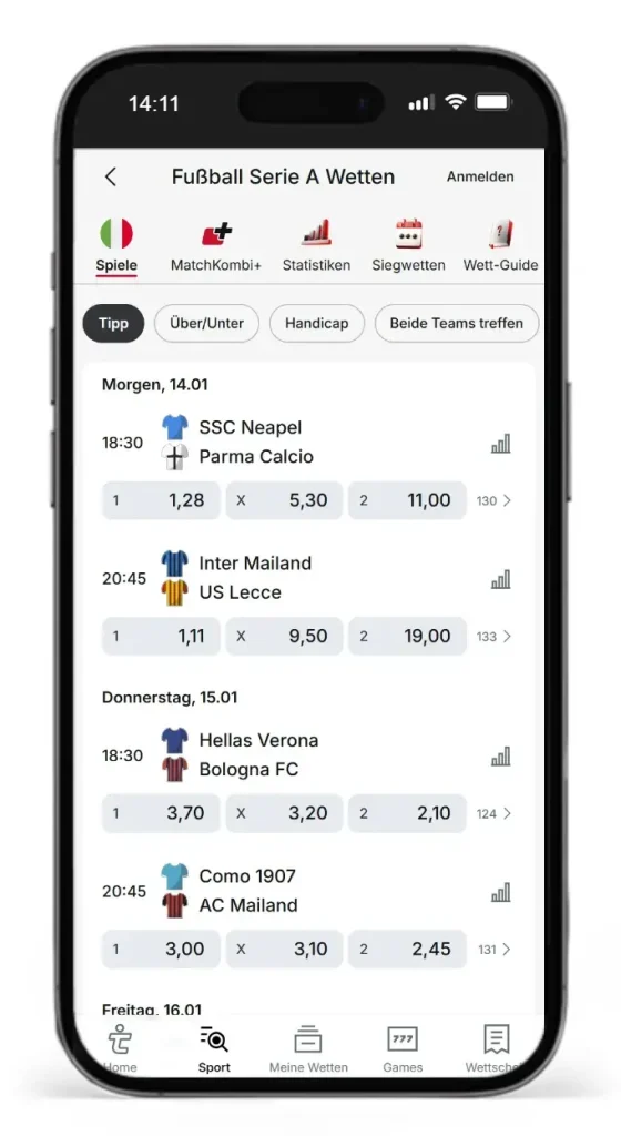 Quoten fuer Fussball Wetten auf die Serie A bei Tipico