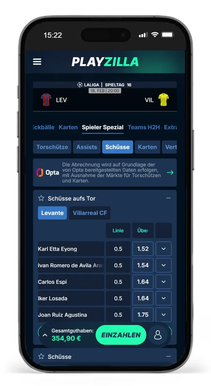Spieler Schuesse aufs Tor Wetten bei PlayZilla