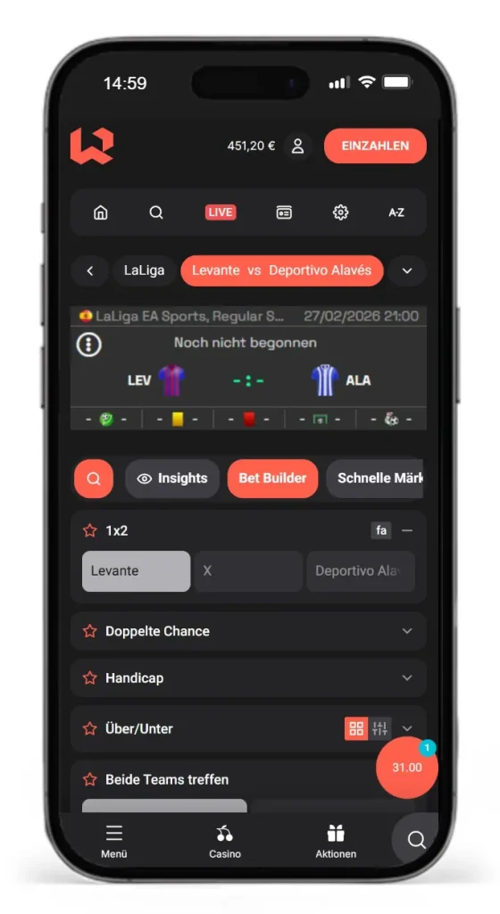 Wetten mit Bet Builder auf das LaLiga Fussballspiel zwischen Levante und Deportivo Alaves bei Wettson
