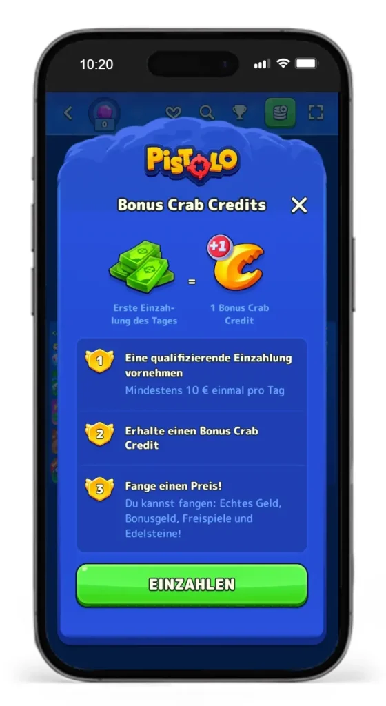 Taegliche Bonus Crab Credits bei Pistolo erhalten