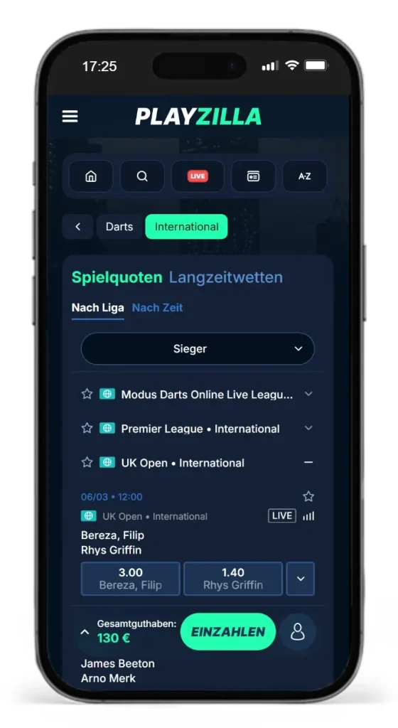 Verfuegbare Turniere fuer Darts Wetten bei PlayZilla