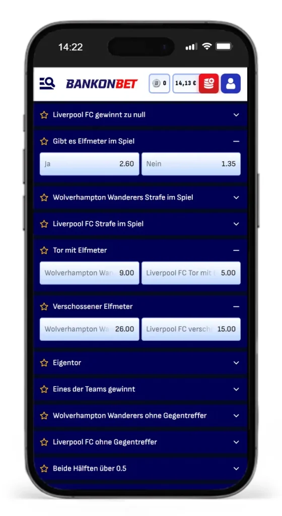 Auswahl an Elfmeter Sportwetten bei Bankonbet