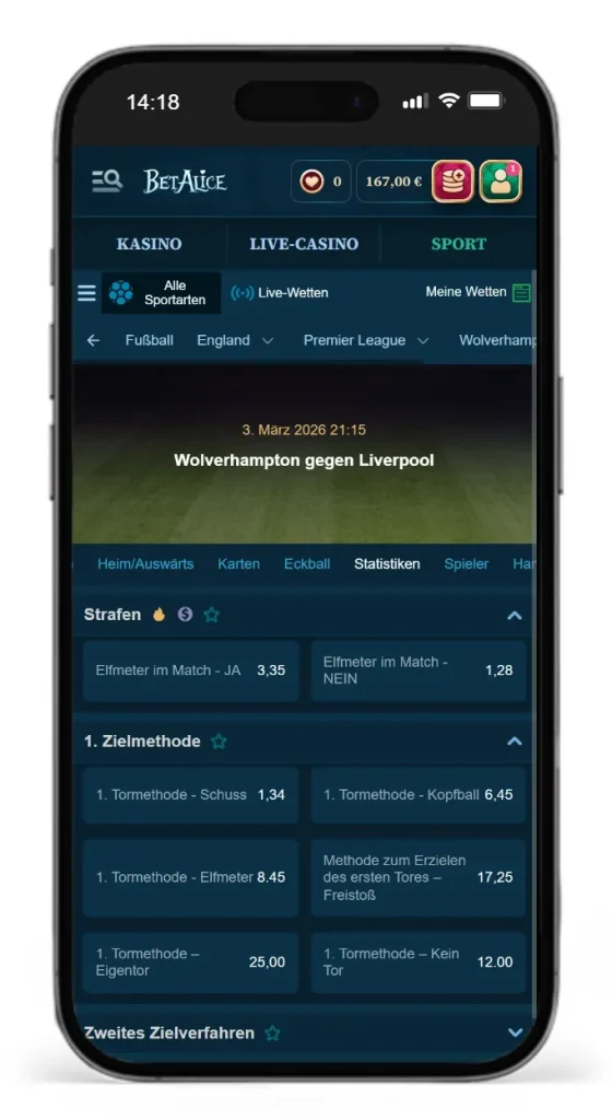 Angebot an Elfmeter Wetten auf das Spiel Wolverhampton gegen Liverpool von BetAlice