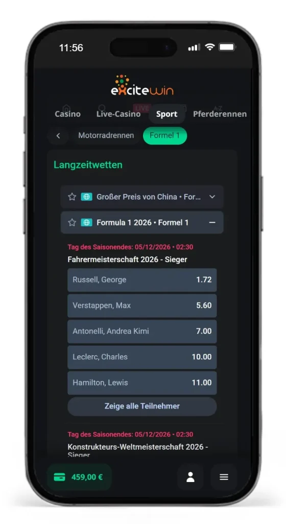 Quoten fuer Formel 1 Wetten von Excitewin