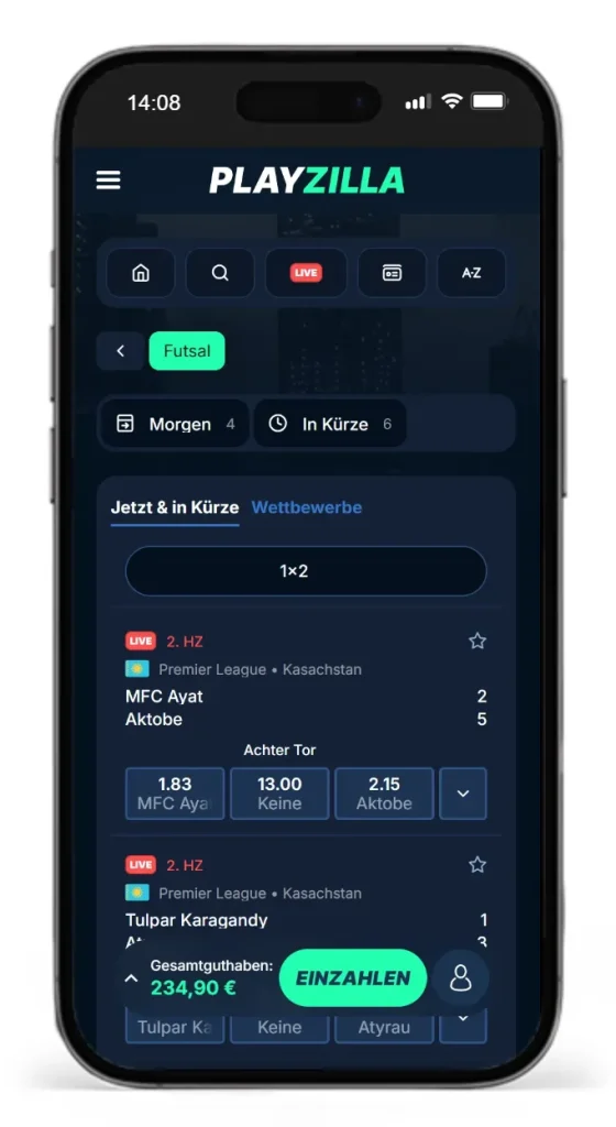 Quoten fuer Futsal Wetten bei PlayZilla