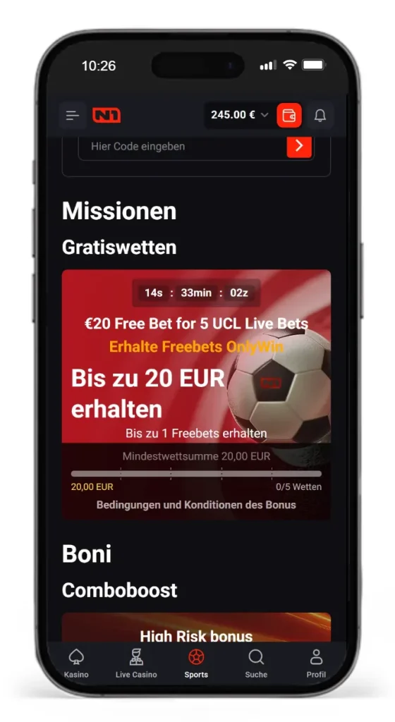 Sportwetten Bonus ohne Einzahlung von N1Bet