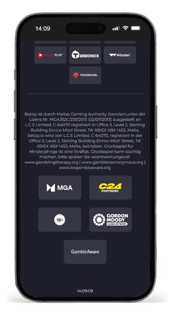 Footer von Betizy mit Angaben zum Betreiner und Sportwettenlizenz