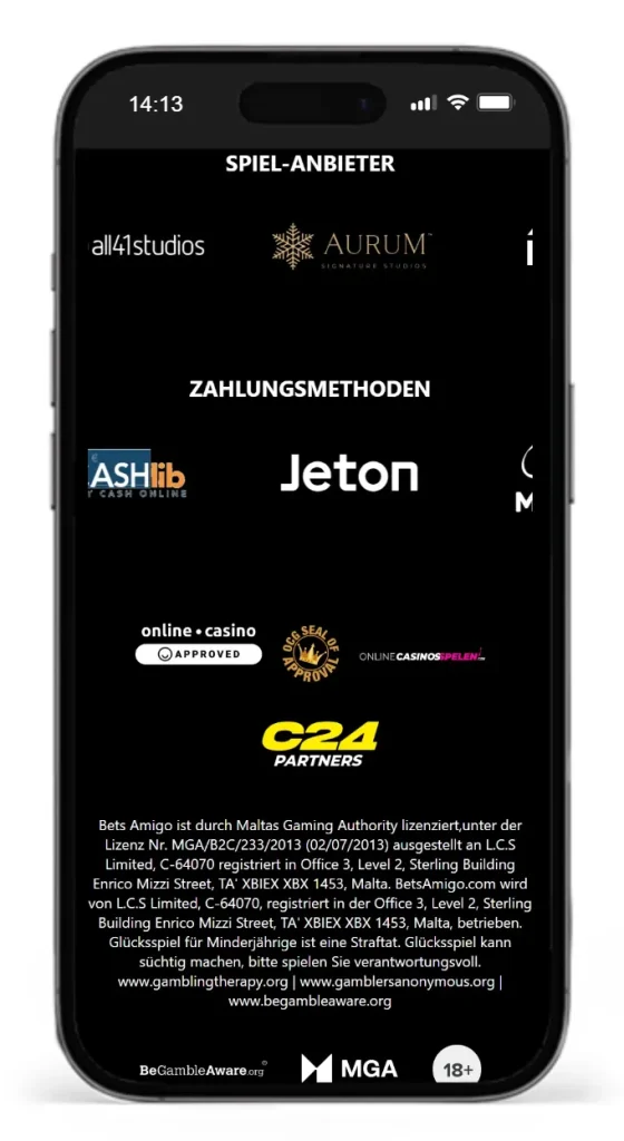 Footer von BetsAmigo mit Angaben zur MGA Lizenz