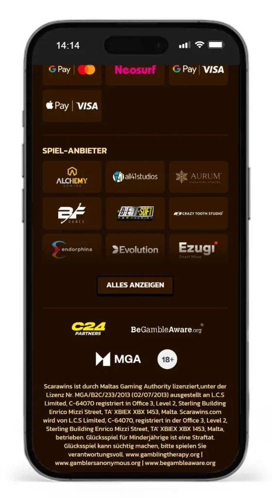 Footer der Wettseite Scarabet mit Angaben zur MGA Lizenz