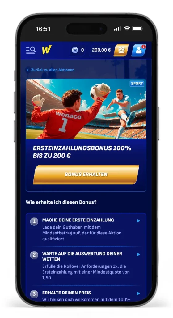 Ersteinzahlungsbonus fuer Sportwetten ohne Schufa bei Wonaco