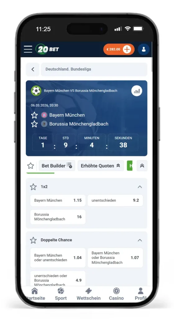 Unentschieden Wetten auf Bundesliga Fussballspiel zwischen Bayern Muenchen und Borussia bei 20Bet