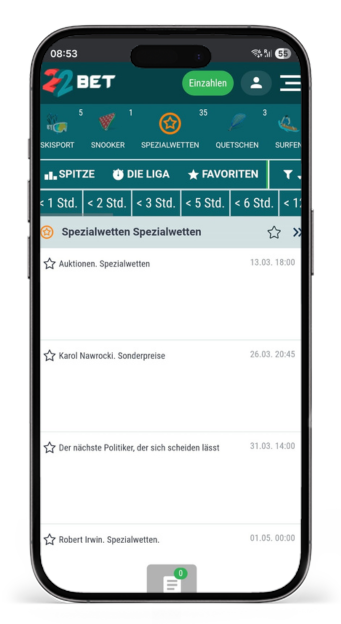 Einblick in die Auswahl an Unterhaltungswetten bei 22bet