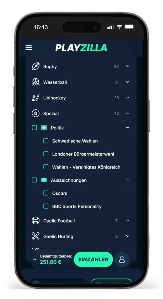 Auswahl an Unterhaltungswetten bei Playzilla