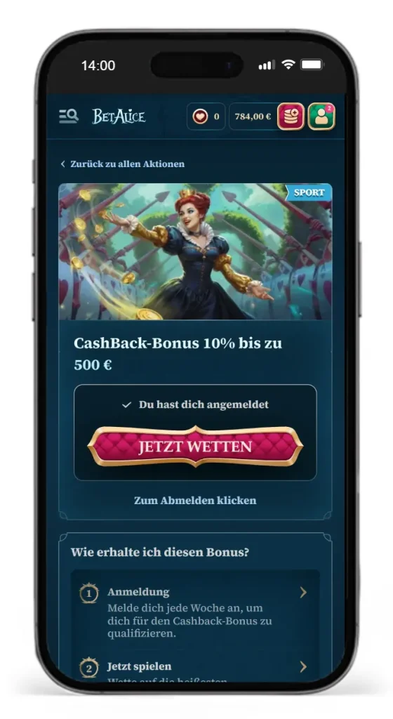 Cashback Bonus fuer Sportwetten von Betalice