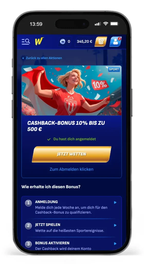 Wetten mit Cashback Bonus bei Wonaco