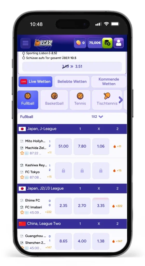 Auszug der Fussballl Live Wetten bei Spinbara