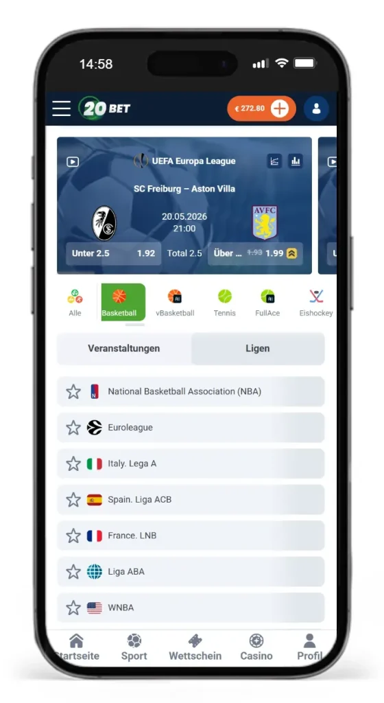 Einblick in verfuegbare Ligen fuer Basketball Wetten bei 20Bet