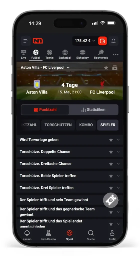 Auswahl an Ereigniswetten auf ein Premier League Spiel bei N1Bet