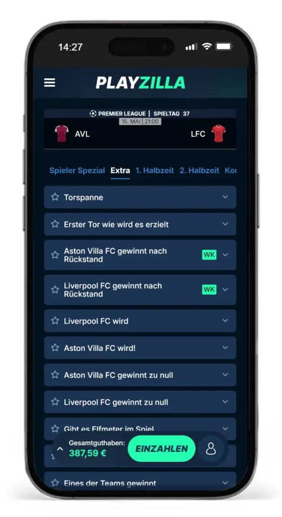 Angebot an Ereigniswetten auf das Premier League Spiel zwischen Aston Villa und Liverpool von PlayZilla