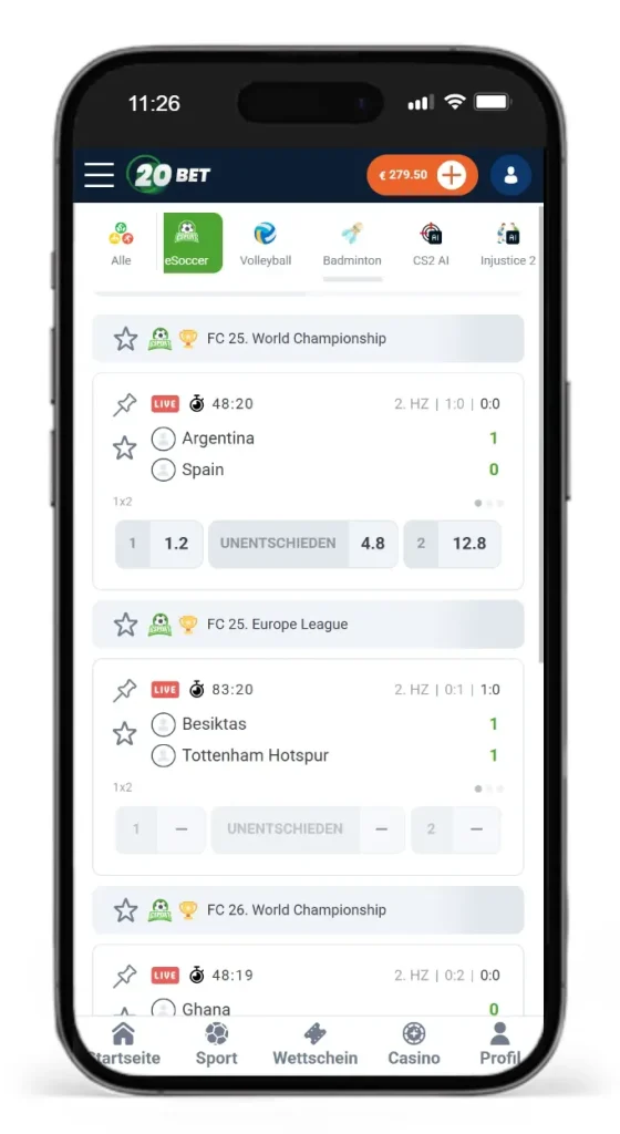 Ligen fuer eSoccer Wetten bei 20Bet