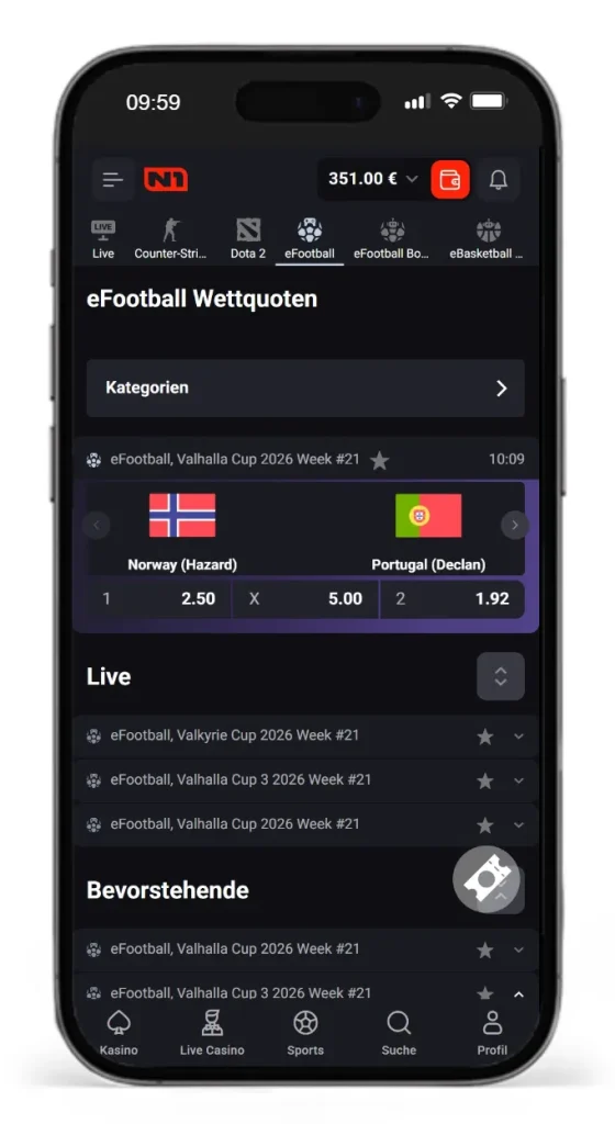 Einblick in das Angebot an eSoccer Wetten von N1Bet