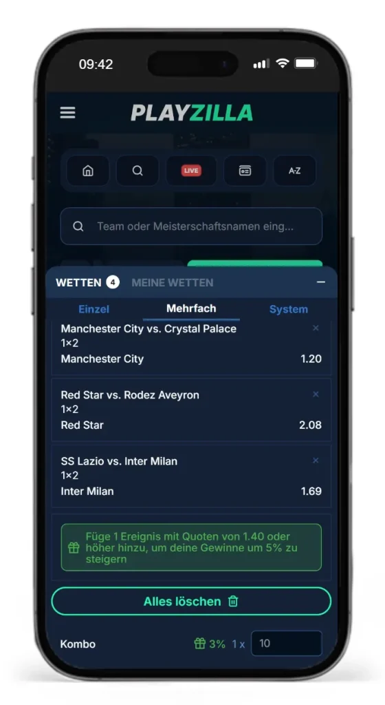 Wettauswahl fuer eine Kombiwette eine PlayZilla