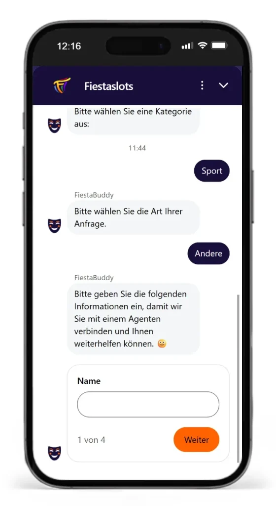 Live Chat mit Chatbot von Fiestaslots