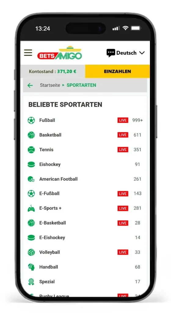 Einblick in die verfuegbaren Sportarten fuer Livewetten bei BetsAmigo