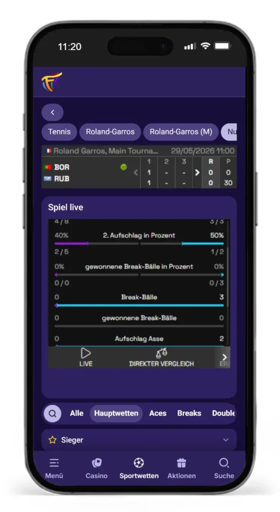 Livewetten-Konsole von Fiestaslots mit Statistiken und Livestreams