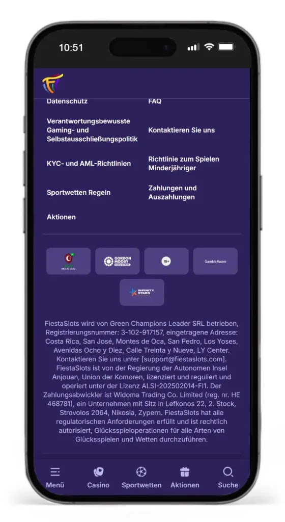 Footer der Wettseite Fiestaslots mit Angaben zum Betreiber und zur Lizenz