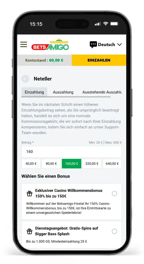 Einzahlung via Neteller fuer Online Sportwetten bei BetsAmigo