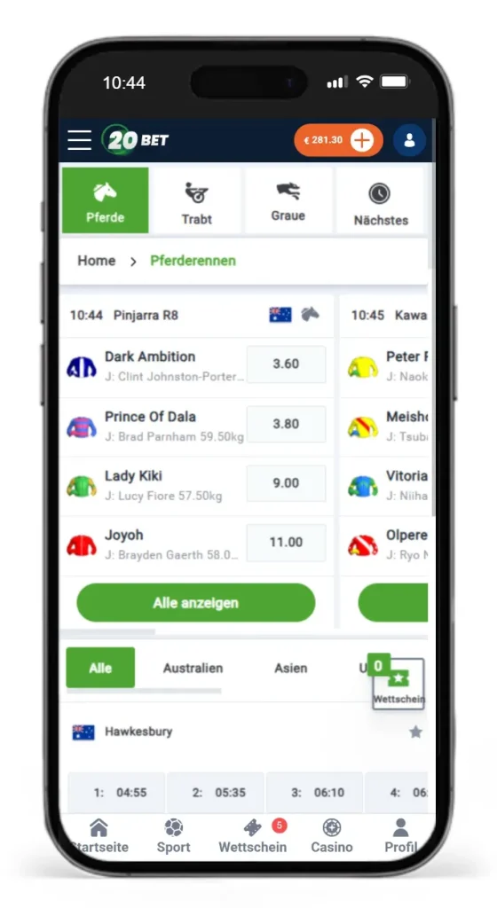 Einblick in die Pferderennen Wettquoten von 20Bet