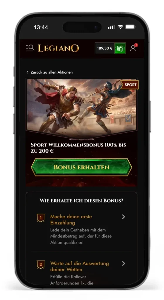 Sport Willkommensbonus von Legiano fuer Restzeitwetten