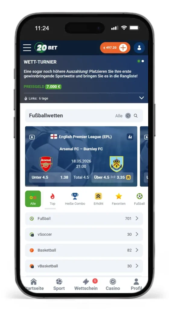 Wettauswahl fuer serioese Sportwetten bei 20Bet