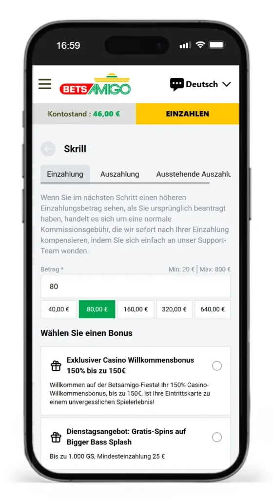 Einzahlung via Skrill fuer Online Sportwetten bei BetsAmigo