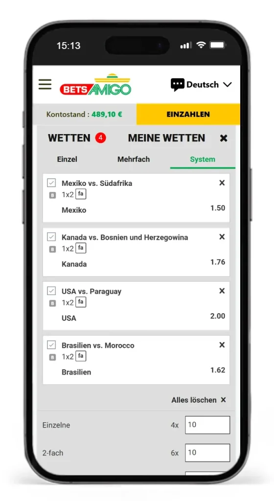 Wettauswahl fuer eine Systemwette auf die WM 26 bei BetsAmigo