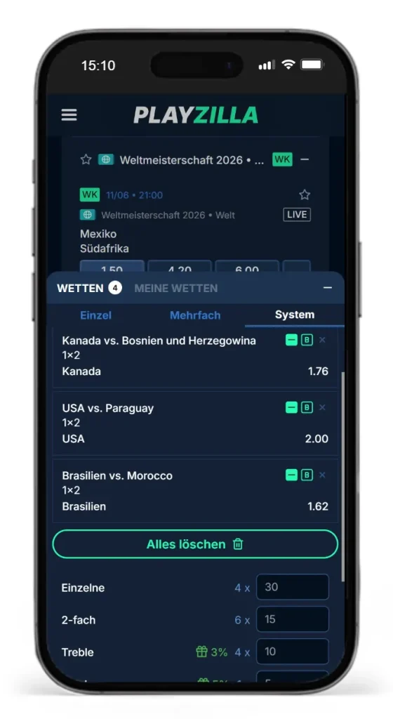 Auswahlen fuer eine Systemwette auf die WM 2026 bei PlayZilla