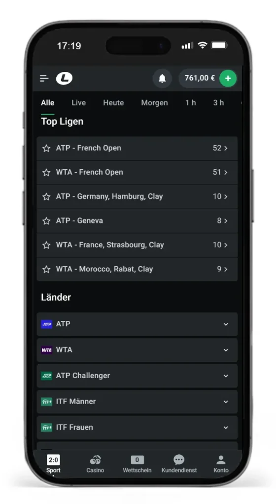 Verfuegbare Ligen fuer Tennis Wetten bei Leonbet