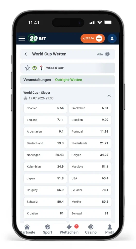 Wettanbieter 20Bet mit Langzeitwetten auf die Weltmeisterschaft 2026