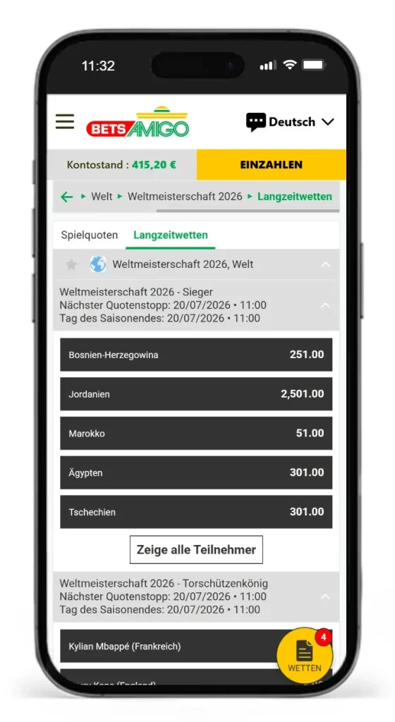 Langzeitwetten auf die Weltmeisterschaft 2026 bei BetsAmigo